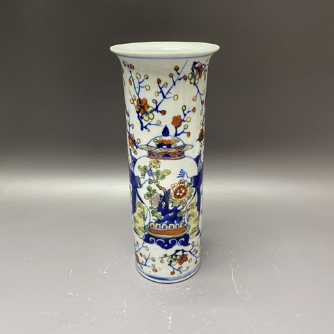 古玩陶瓷青花五彩喜報平安花觚真品鑒賞圖