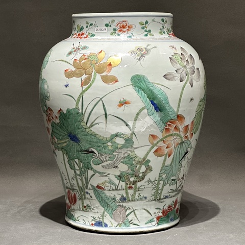 古玩陶瓷蓮池游禽滿池嬌五彩將軍罐真品鑒賞圖