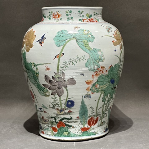 古玩陶瓷蓮池游禽滿池嬌五彩將軍罐真品鑒賞圖