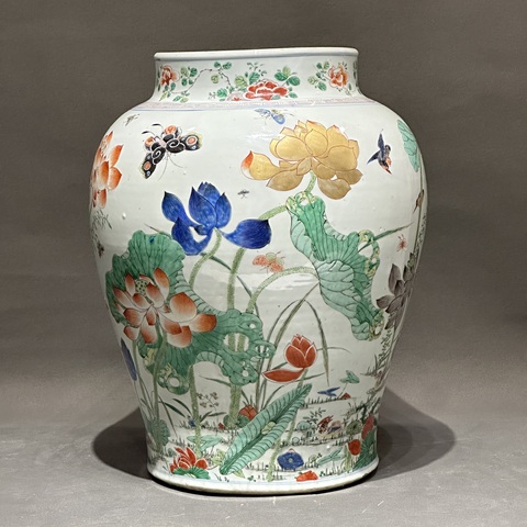 古玩陶瓷蓮池游禽滿池嬌五彩將軍罐真品鑒賞圖