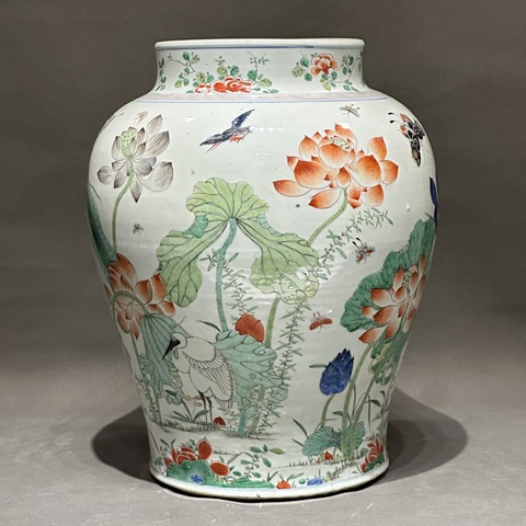 古玩陶瓷蓮池游禽滿池嬌五彩將軍罐真品鑒賞圖