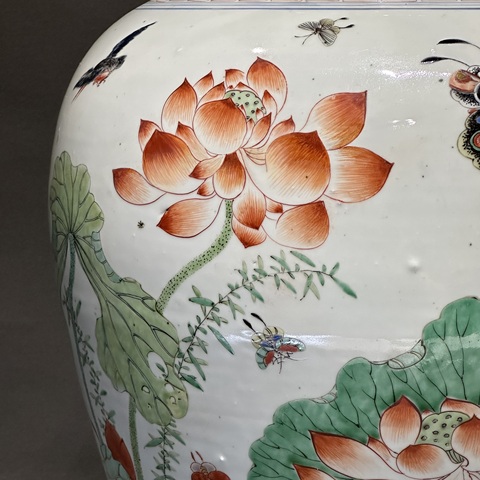 古玩陶瓷蓮池游禽滿池嬌五彩將軍罐真品鑒賞圖