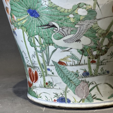 古玩陶瓷蓮池游禽滿池嬌五彩將軍罐真品鑒賞圖