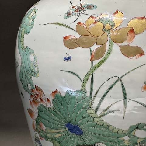 古玩陶瓷蓮池游禽滿池嬌五彩將軍罐真品鑒賞圖