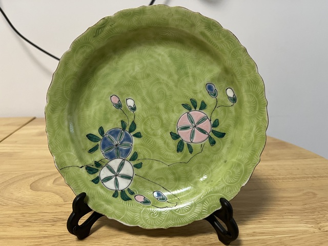 古玩陶瓷日本仿乾隆扎道粉彩花卉紋盤真品鑒賞圖