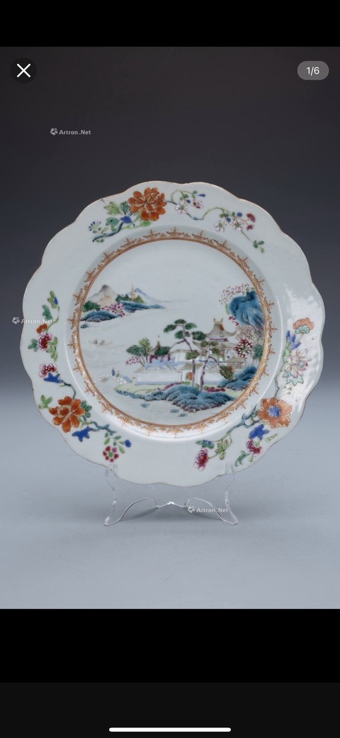 古玩陶瓷粉彩山水盤真品鑒賞圖