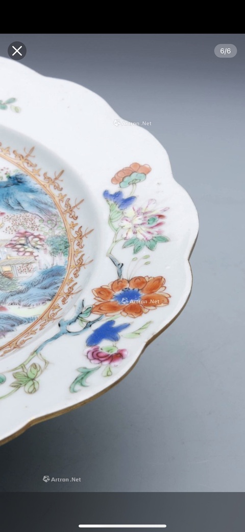 古玩陶瓷粉彩山水盤真品鑒賞圖