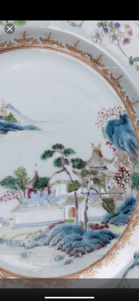 古玩陶瓷粉彩山水盤真品鑒賞圖