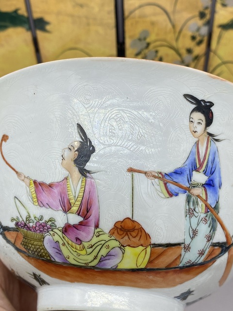 古玩陶瓷軋道粉彩人物故事紋碗真品鑒賞圖