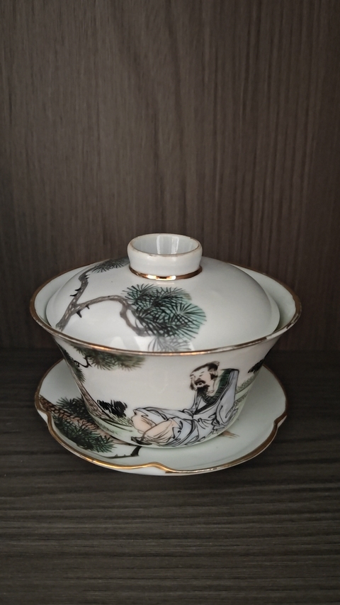 古玩陶瓷油粉彩高士圖蓋碗真品鑒賞圖