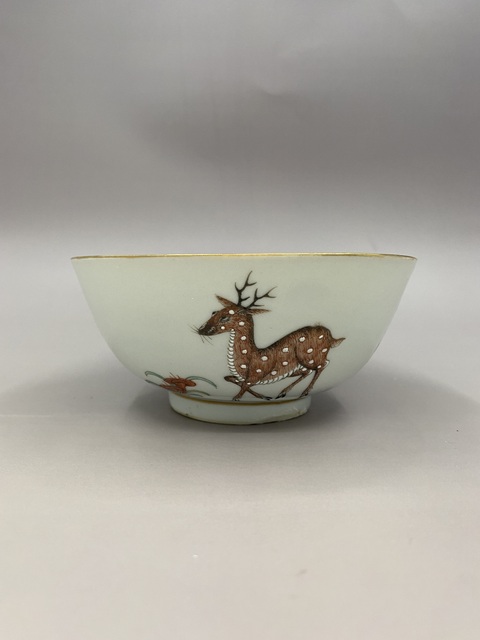 古玩陶瓷清晚期 粉彩麻姑獻壽鶴鹿同春圖碗拍賣,當前價格13777元