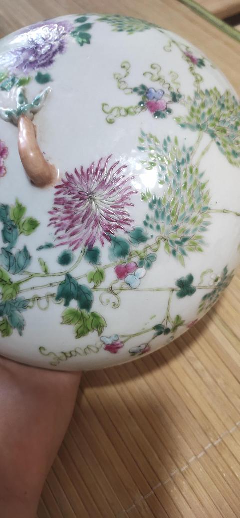 古玩陶瓷粉彩牡丹葫蘆竹四系粥罐真品鑒賞圖