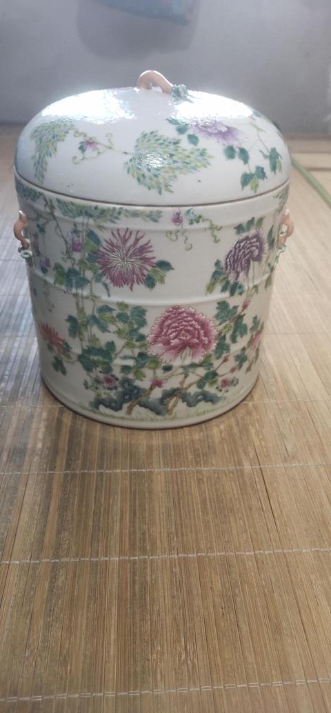 古玩陶瓷粉彩牡丹葫蘆竹四系粥罐真品鑒賞圖