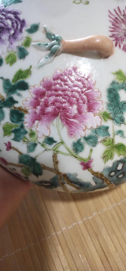 古玩陶瓷粉彩牡丹葫蘆竹四系粥罐真品鑒賞圖