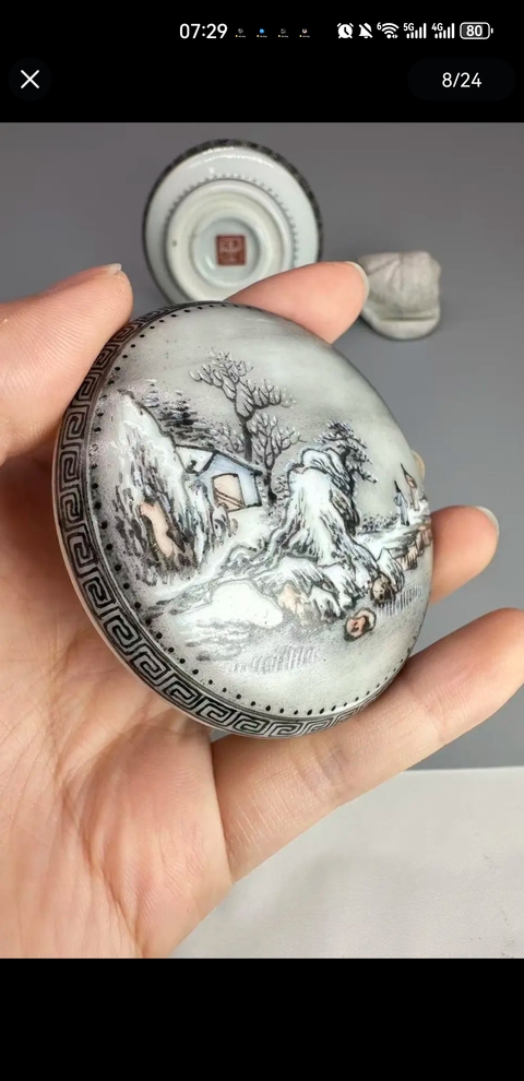 古玩陶瓷雪景山水人物印盒真品鑒賞圖