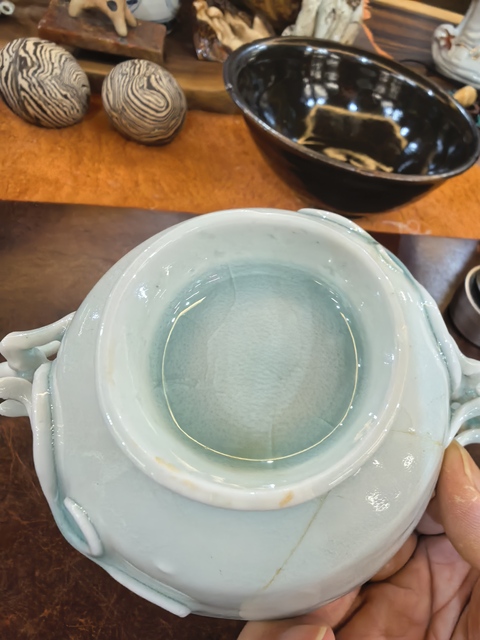 古玩陶瓷湖田窯影青釉螭龍耳杯真品鑒賞圖