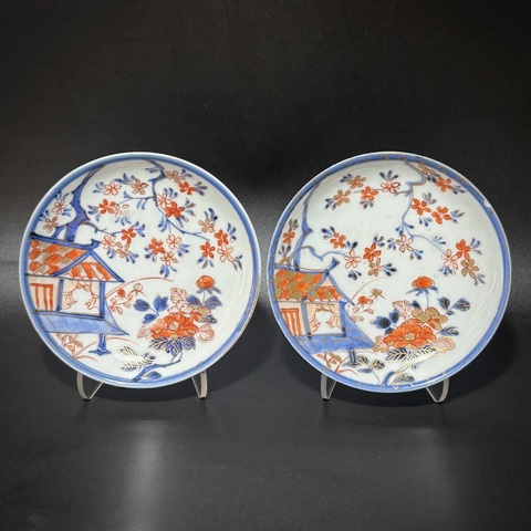 古玩陶瓷青花加彩庭院花卉紋碟真品鑒賞圖
