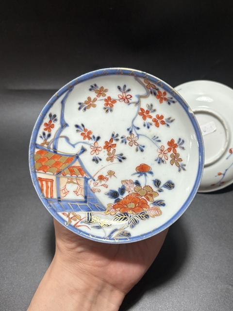 古玩陶瓷青花加彩庭院花卉紋碟真品鑒賞圖