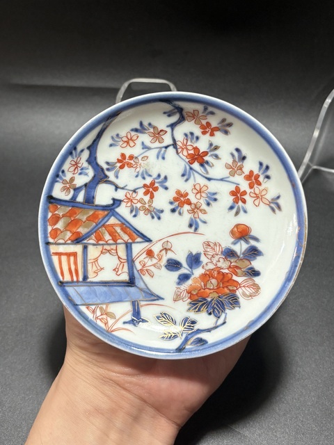 古玩陶瓷青花加彩庭院花卉紋碟真品鑒賞圖