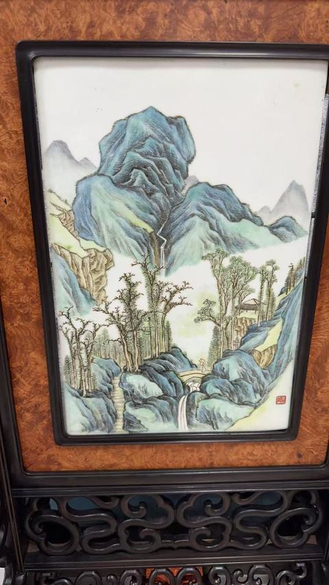 古玩陶瓷粉彩山水紋瓷板真品鑒賞圖