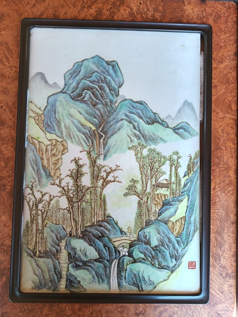 古玩陶瓷粉彩山水紋瓷板真品鑒賞圖