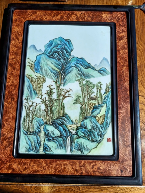 古玩陶瓷粉彩山水紋瓷板真品鑒賞圖