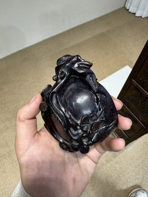 古玩雜項小葉紫檀雕刻梅花桃型杯真品鑒賞圖