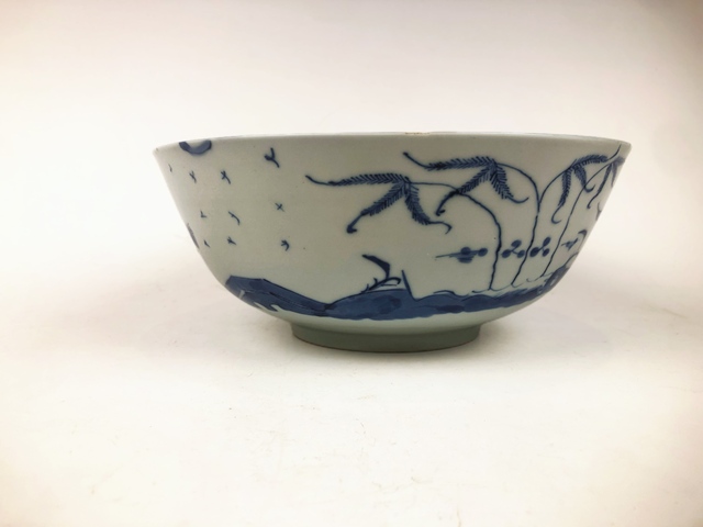 古玩陶瓷清中期．青花山水樓閣人物大碗真品鑒賞圖