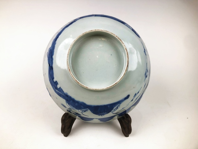 古玩陶瓷清中期．青花山水樓閣人物大碗真品鑒賞圖