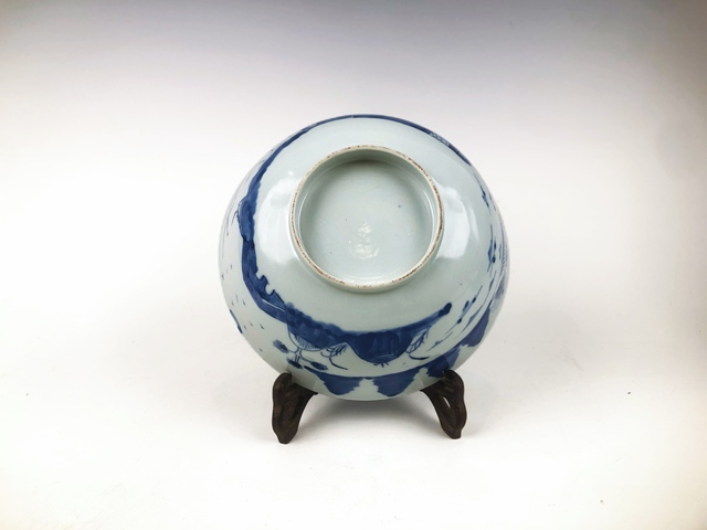 古玩陶瓷清中期．青花山水樓閣人物大碗真品鑒賞圖