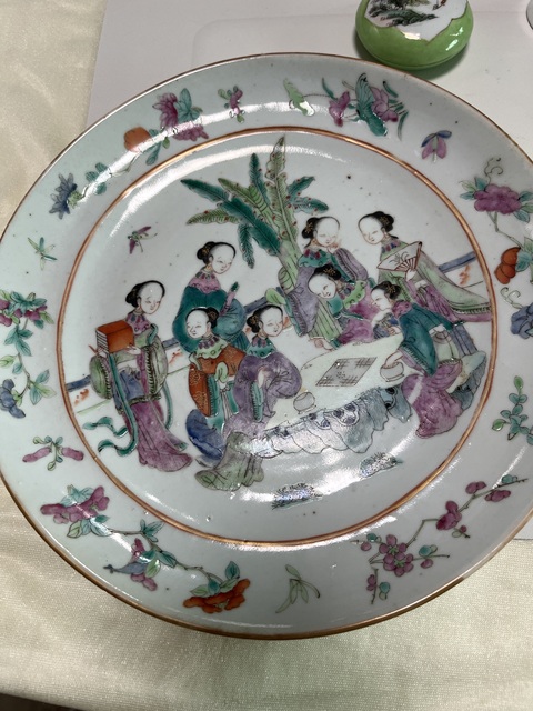 古玩陶瓷粉彩仕女人物折腰盤真品鑒賞圖