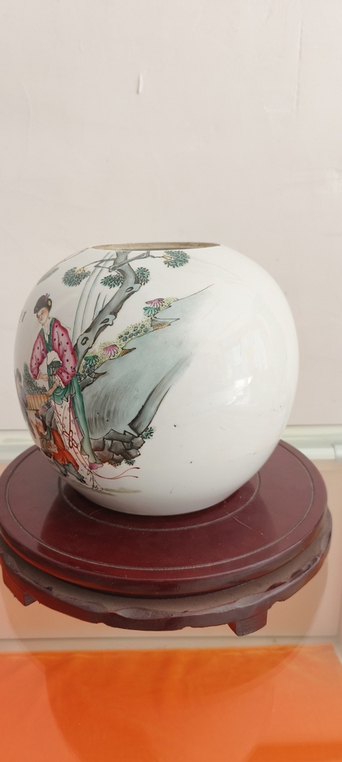 古玩陶瓷三娘教子圖新粉彩西瓜罐真品鑒賞圖