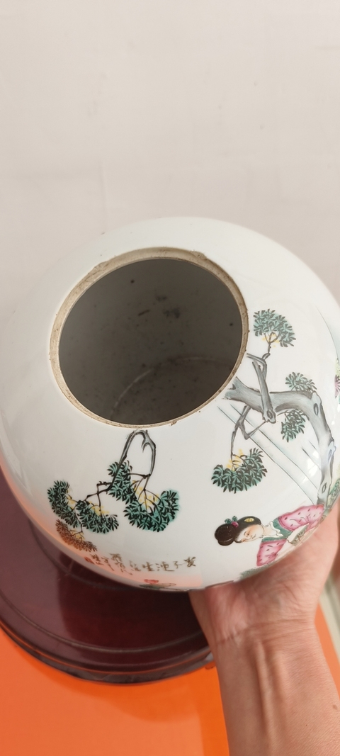 古玩陶瓷三娘教子圖新粉彩西瓜罐真品鑒賞圖