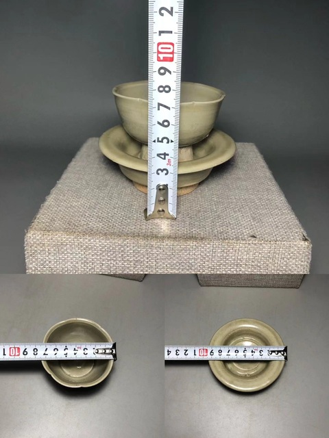 古玩陶瓷青釉花口盞和托真品鑒賞圖