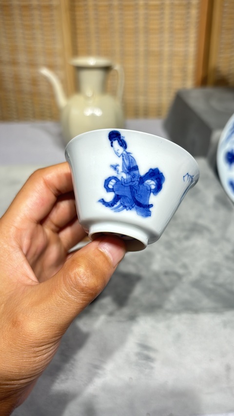 古玩陶瓷青花三娘教子杯真品鑒賞圖