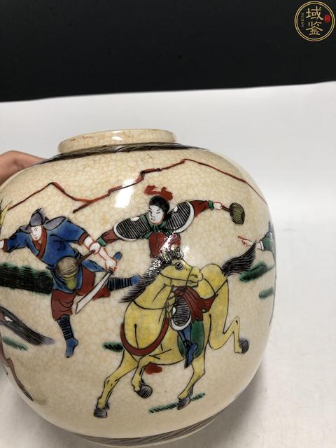 古玩陶瓷民國·哥釉五彩刀馬人物紋蓋罐拍賣,當前價格780元