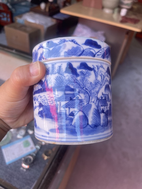 古玩陶瓷樵漁耕讀山水紋青花蓋缸真品鑒賞圖