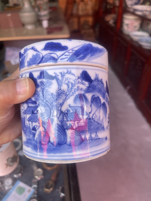 古玩陶瓷樵漁耕讀山水紋青花蓋缸真品鑒賞圖