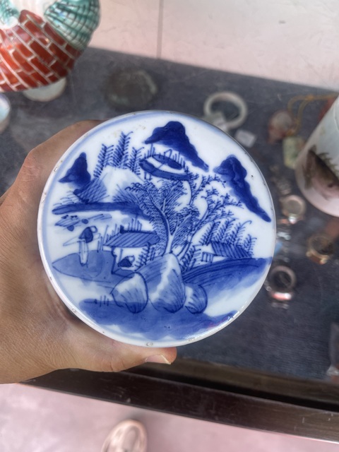 古玩陶瓷樵漁耕讀山水紋青花蓋缸真品鑒賞圖