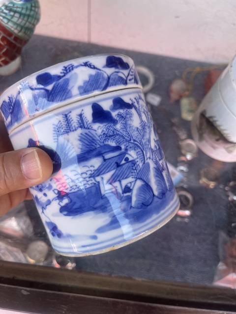 古玩陶瓷樵漁耕讀山水紋青花蓋缸真品鑒賞圖