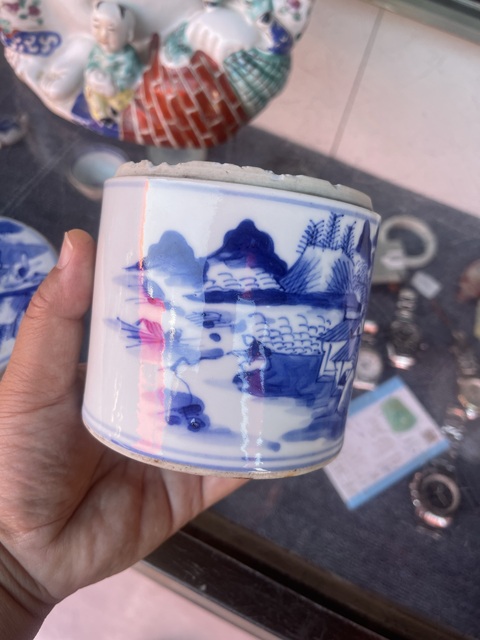 古玩陶瓷樵漁耕讀山水紋青花蓋缸真品鑒賞圖