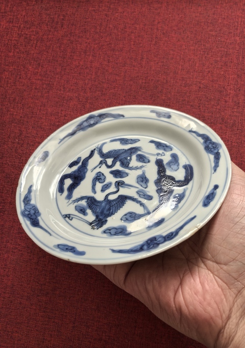 古玩陶瓷【國慶放漏】明末青花云鶴紋折沿盤⊙15+拍賣，當前價格2888元