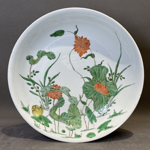 古玩陶瓷 雙圈足雙藍圈蕉葉紋款花卉紋五彩盤真品鑒賞圖