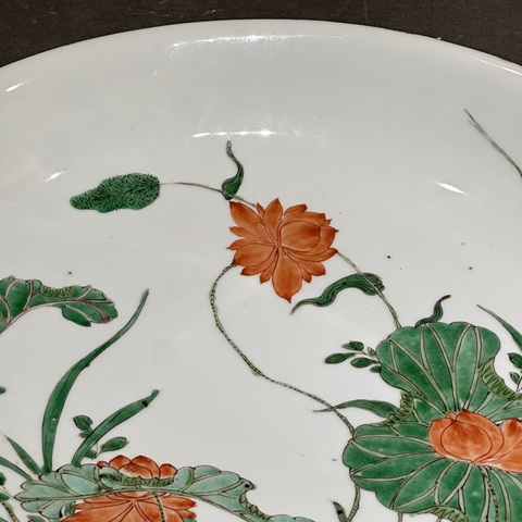 古玩陶瓷 雙圈足雙藍圈蕉葉紋款花卉紋五彩盤真品鑒賞圖