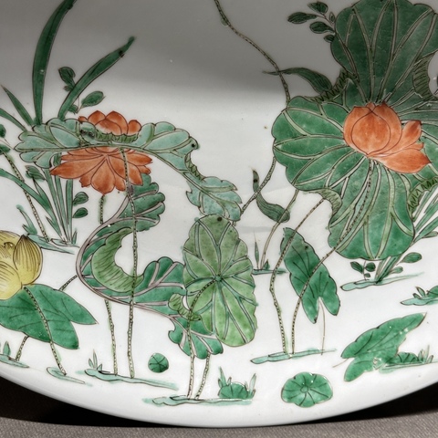 古玩陶瓷 雙圈足雙藍圈蕉葉紋款花卉紋五彩盤真品鑒賞圖