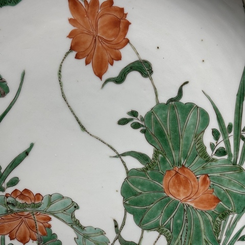 古玩陶瓷 雙圈足雙藍圈蕉葉紋款花卉紋五彩盤真品鑒賞圖