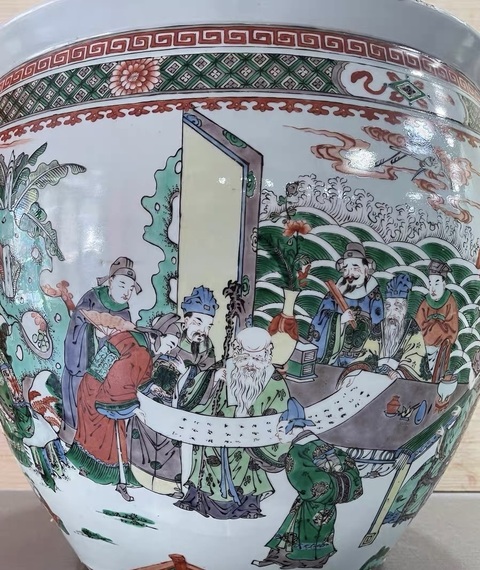 古玩陶瓷五彩人物故事紋案缸真品鑒賞圖