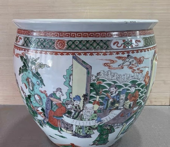 古玩陶瓷五彩人物故事紋案缸真品鑒賞圖