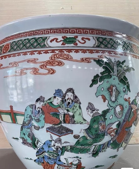 古玩陶瓷五彩人物故事紋案缸真品鑒賞圖