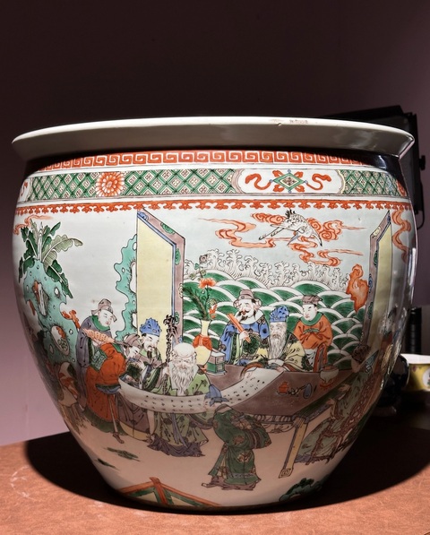 古玩陶瓷五彩人物故事紋案缸真品鑒賞圖